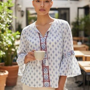 Style & Co. White and Blue Boho Blouse
